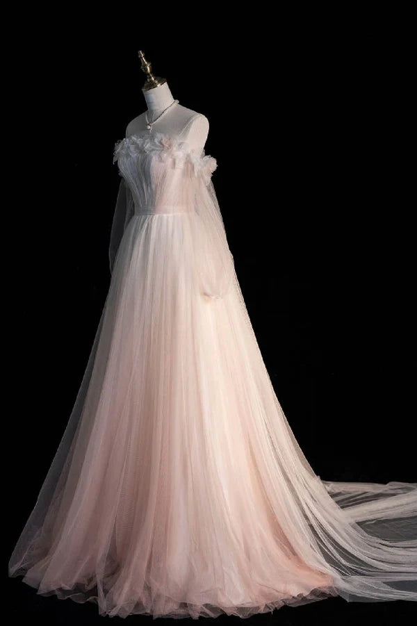 Wholesale Pink Gradient Tulle Long A-Line Prom Dress Long Sleeve Evening Party Dress